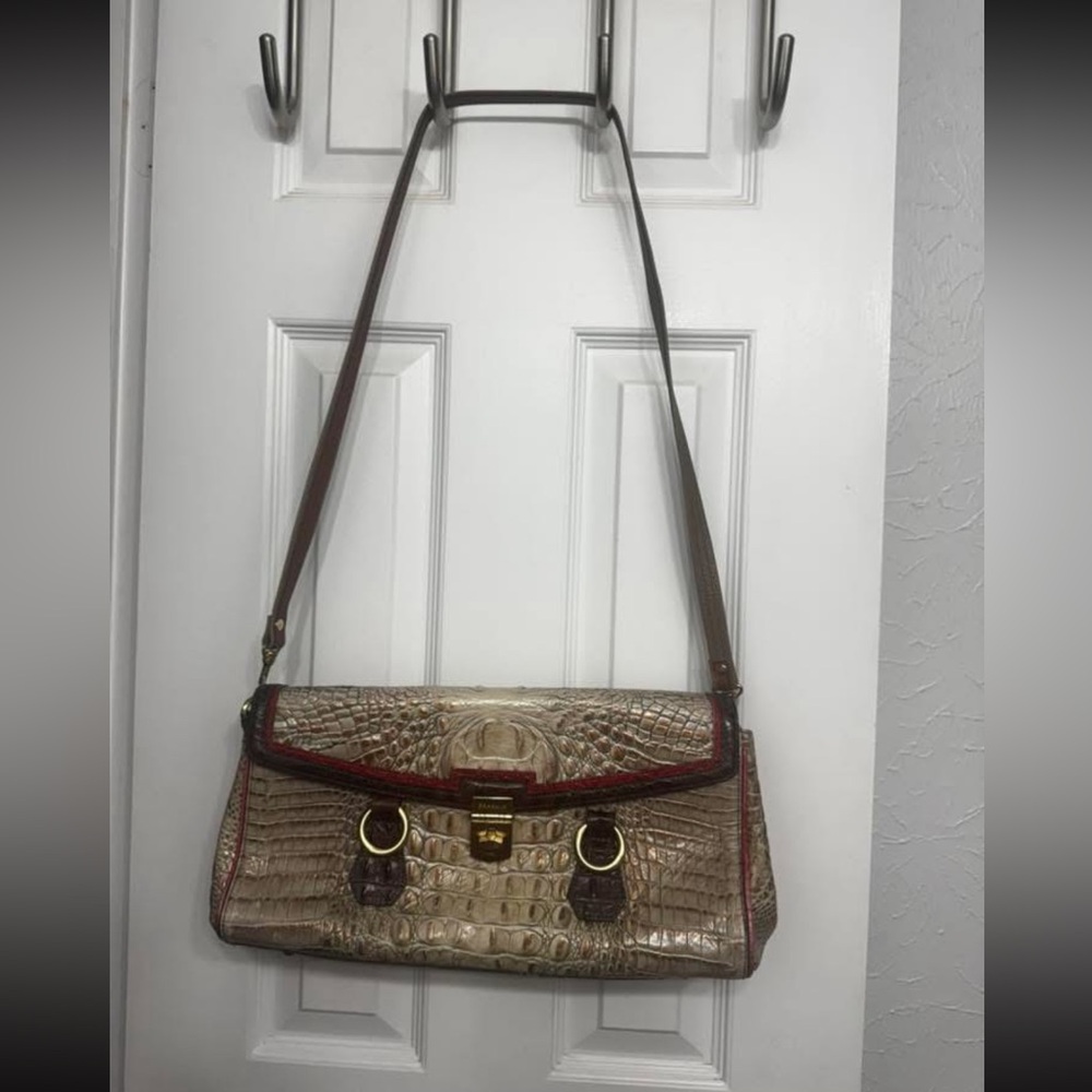 Brahmin Croc-Embossed Shoulder Bag in Cream and Brown
